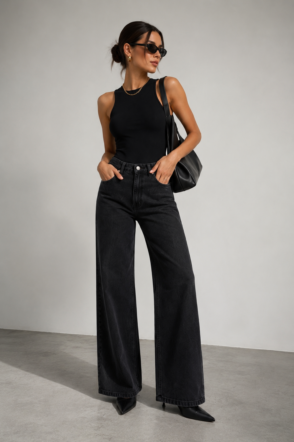 Kadın Yüksek Bel Wide Leg Bol Paça Siyah Kot Pantolon
