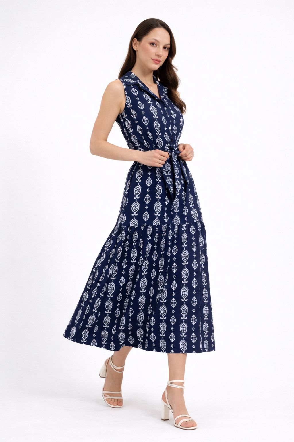 Kadın Lacivert Desenli Belden Bağlamalı Midi Elbise