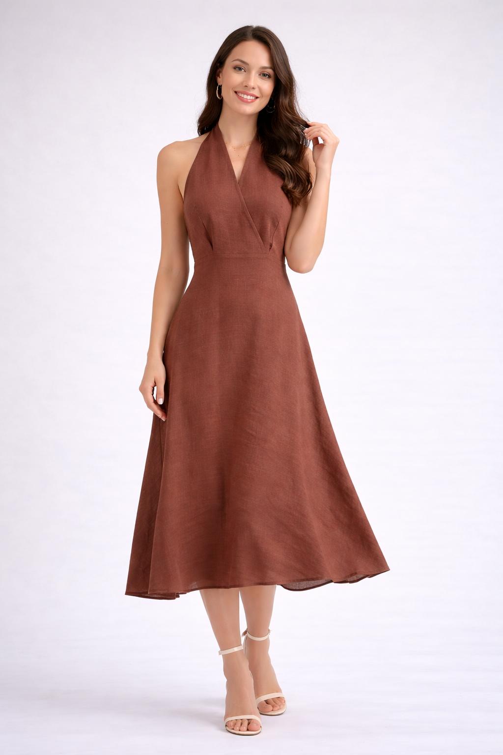 Kadın Halter Yaka Sırt Dekolteli Keten Midi Elbise - A Kesim