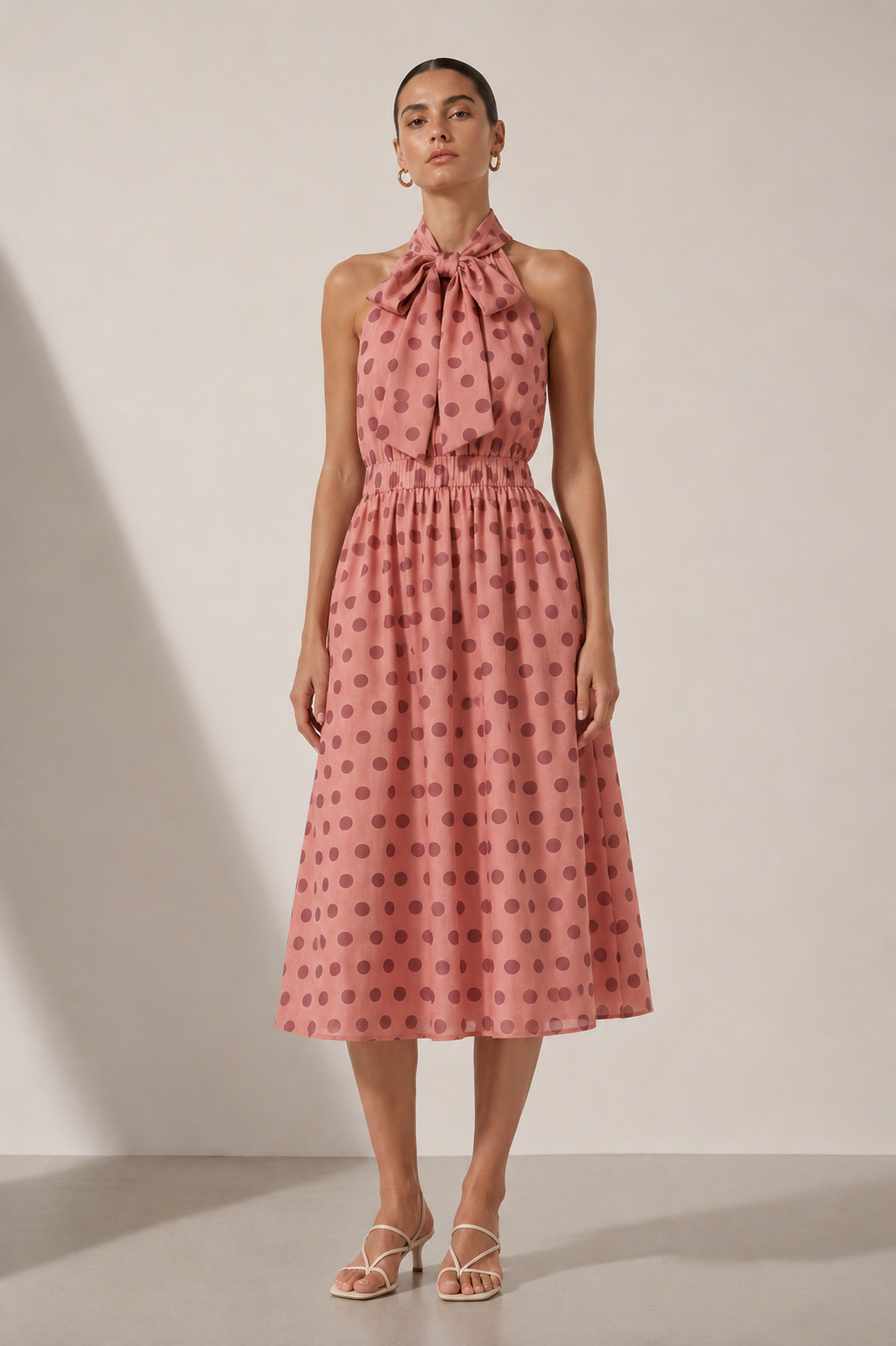 Puantiyeli Halter Yaka Midi Elbise