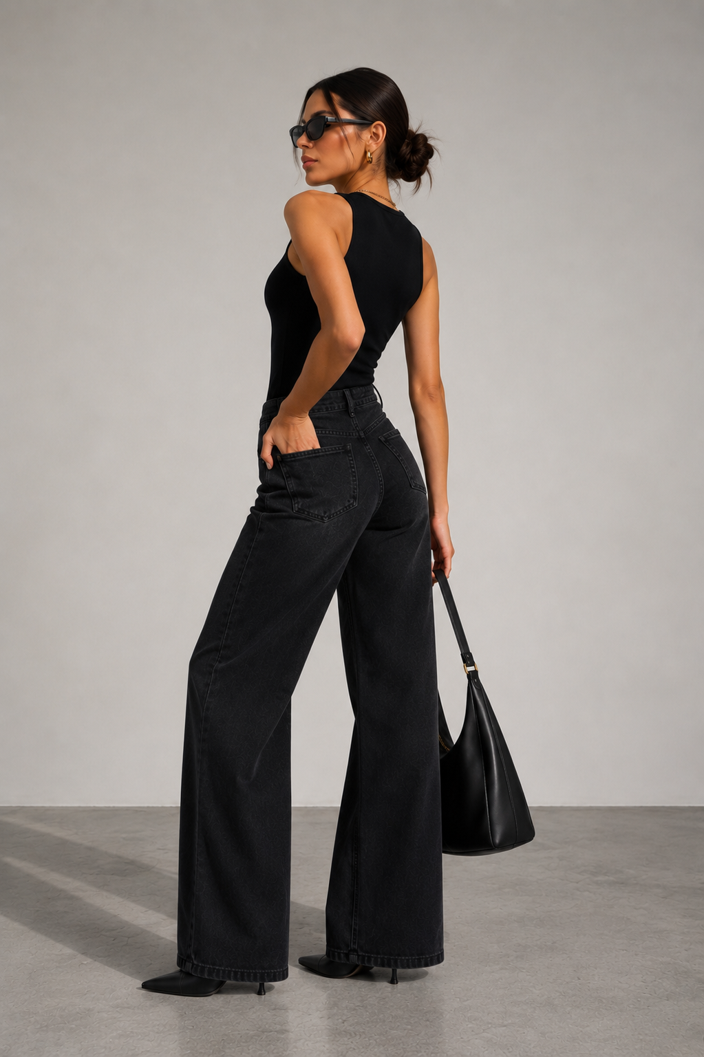 Kadın Yüksek Bel Wide Leg Bol Paça Siyah Kot Pantolon