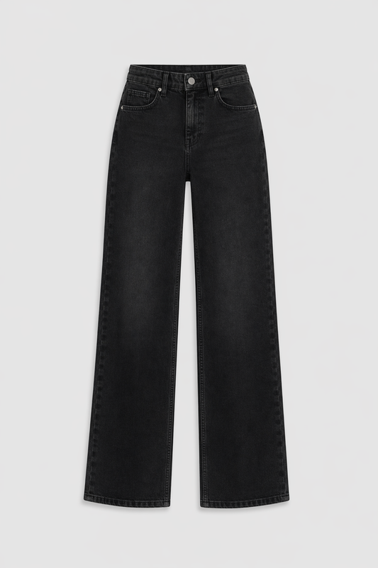 Kadın Yüksek Bel Wide Leg Bol Paça Siyah Kot Pantolon