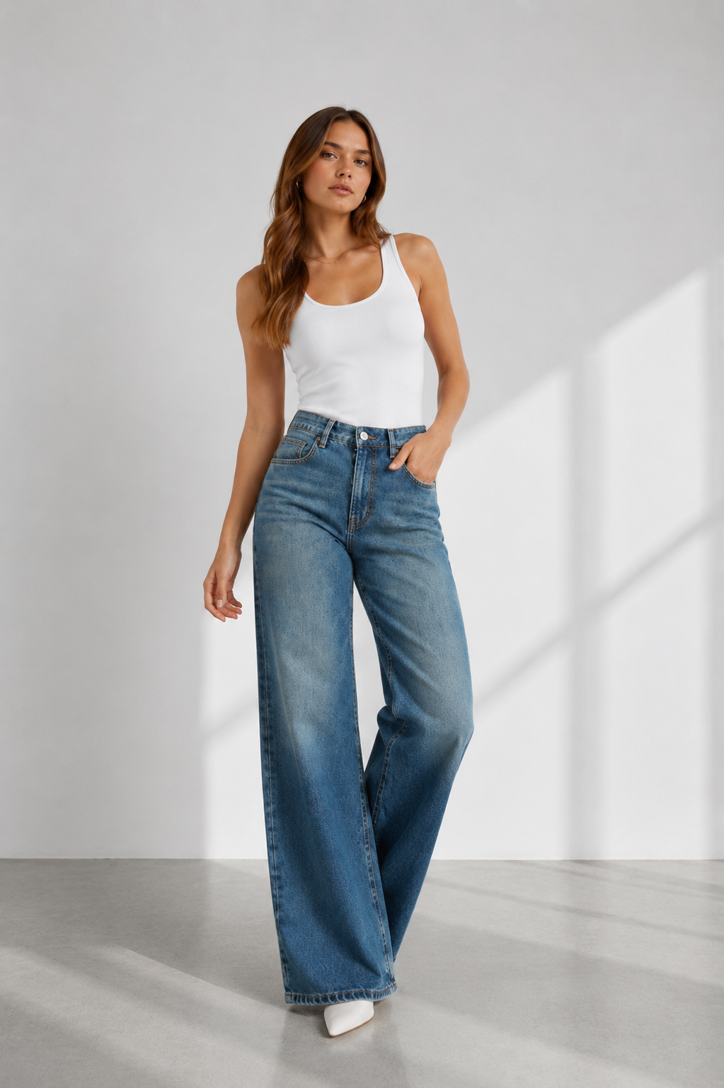 Kadın Yüksek Bel Wide Leg Bol Paça Yıkamalı Kot Pantolon