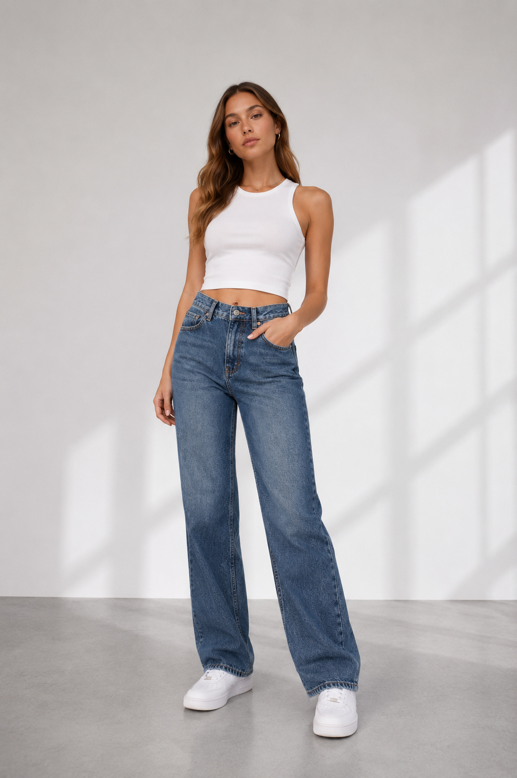 Kadın Yüksek Bel Wide Leg Bol Paça Vintage Mavi Kot Pantolon