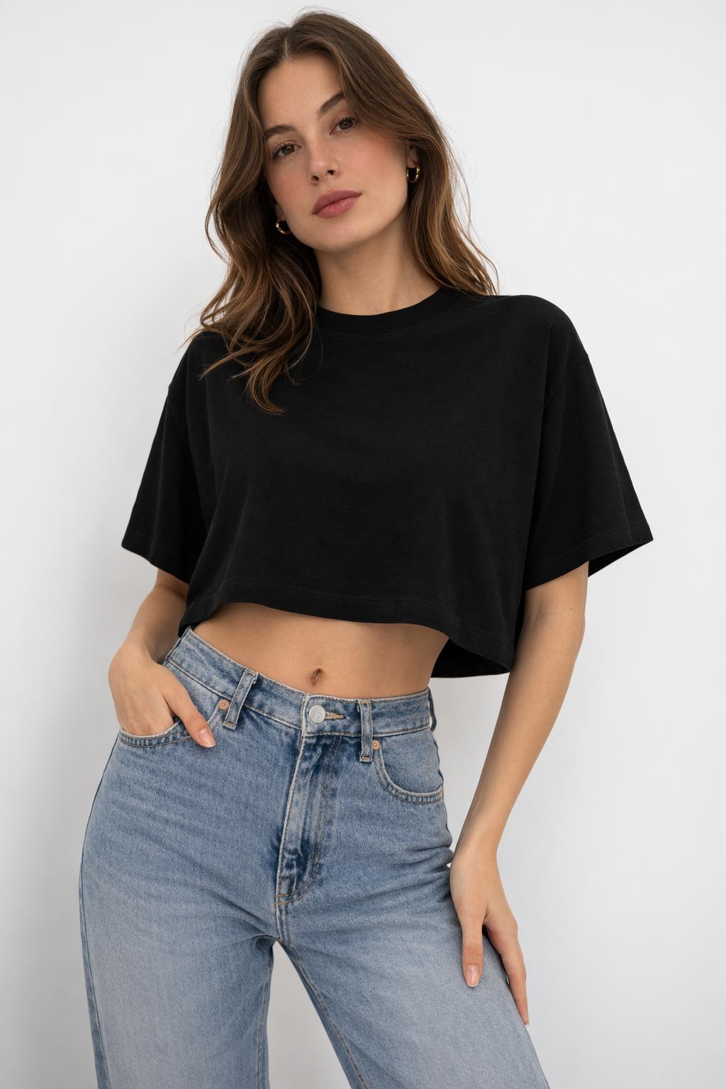 Kadın Bisiklet Yaka Crop Tişört
