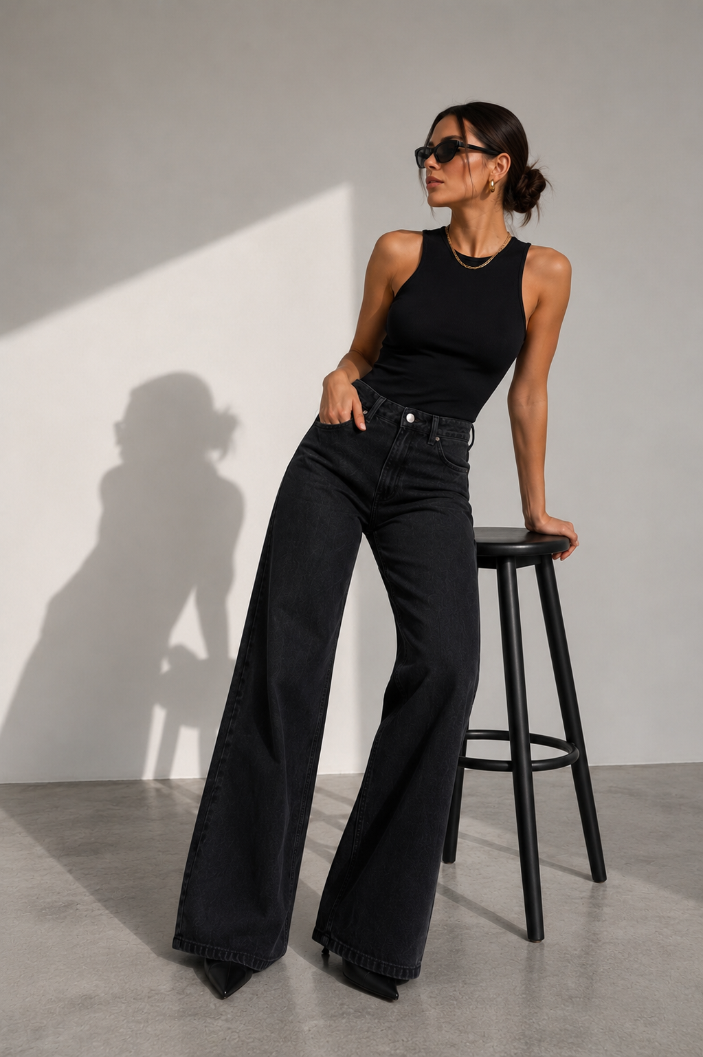 Kadın Yüksek Bel Wide Leg Bol Paça Siyah Kot Pantolon