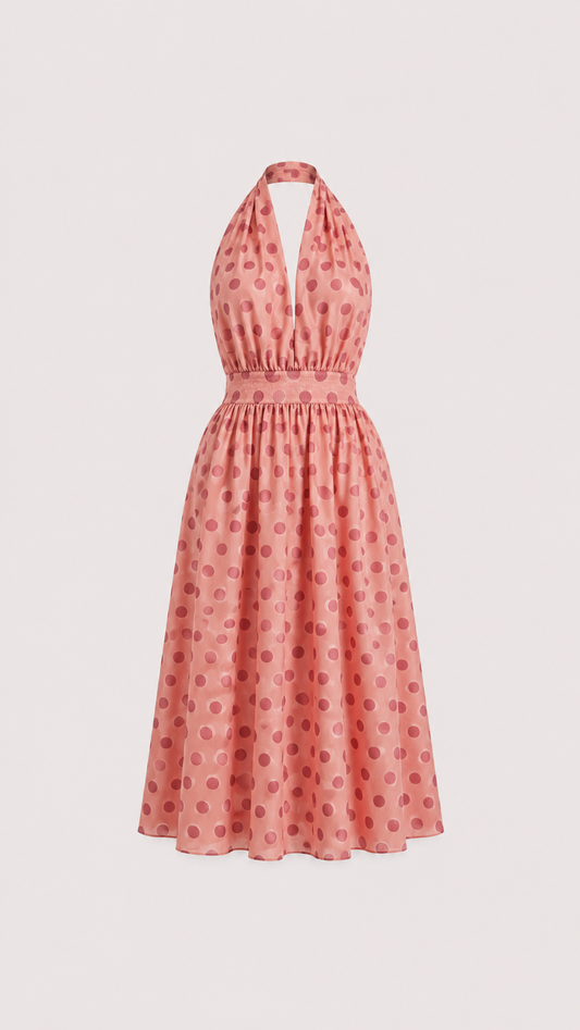 Puantiyeli Halter Yaka Midi Elbise
