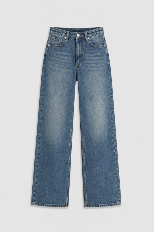 Kadın Yüksek Bel Wide Leg Bol Paça Yıkamalı Kot Pantolon