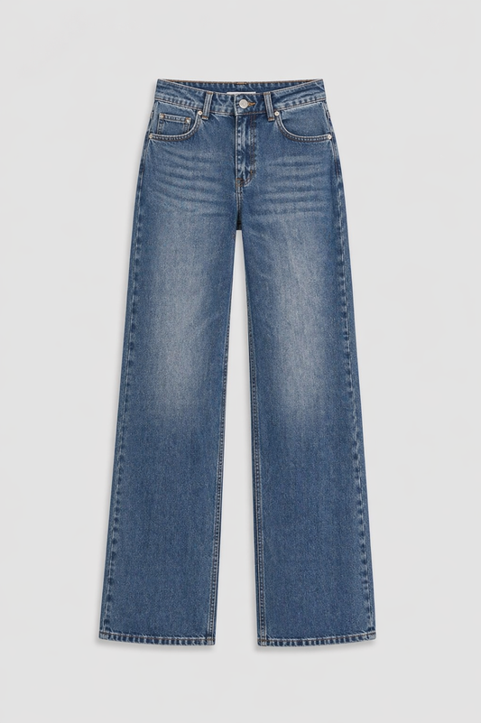Kadın Yüksek Bel Wide Leg Bol Paça Vintage Mavi Kot Pantolon