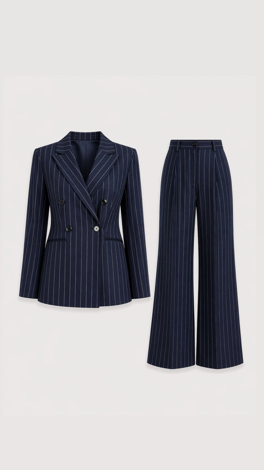 Kadın Lacivert Çizgili Blazer Ceket Pantolon Takım