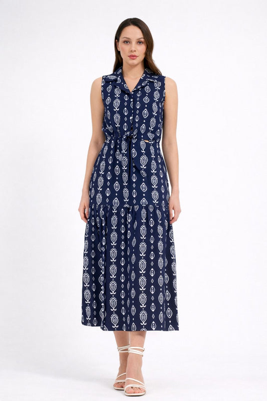 Kadın Lacivert Desenli Belden Bağlamalı Midi Elbise