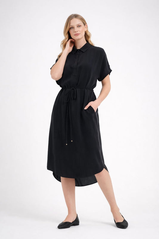 Kadın Siyah Bağcıklı Midi Elbise