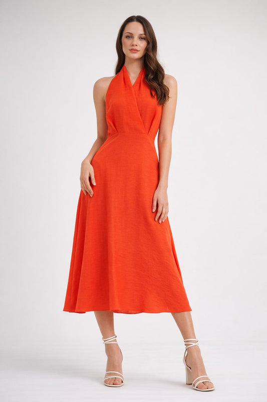 Kadın Halter Yaka Sırt Dekolteli Keten Midi Elbise - A Kesim